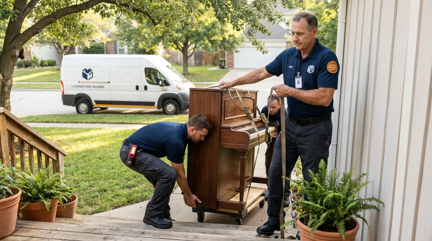 Licensed piano movers securing grand piano in Broadview Heights, OH