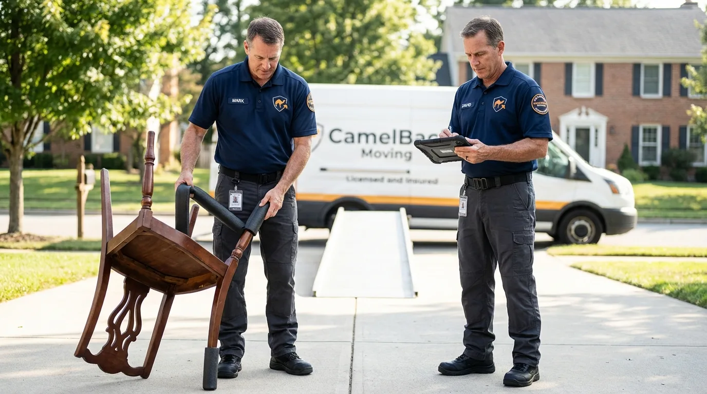 Movers inspecting furniture for damage prevention before loading in Broadview Heights, OH