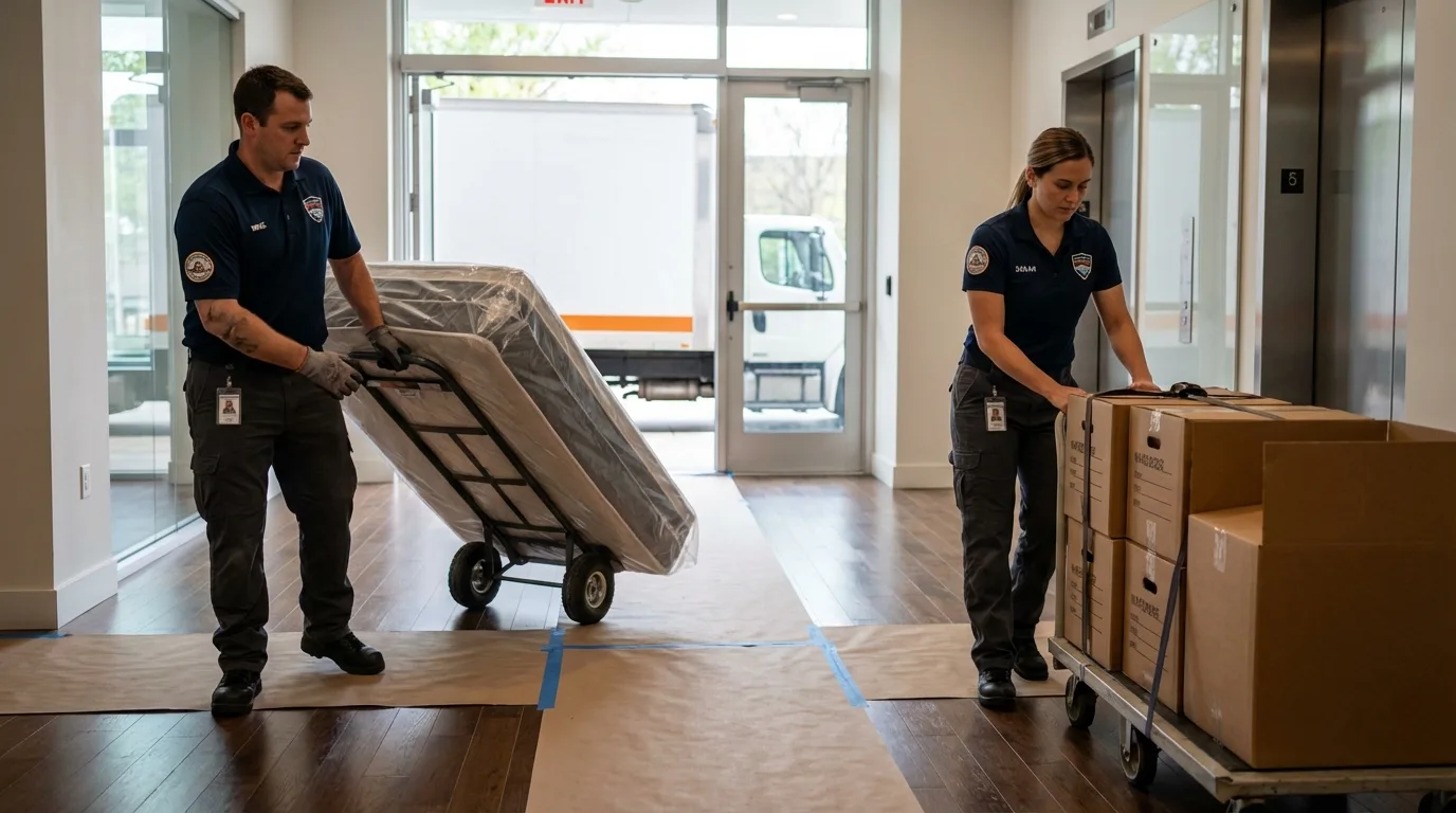 Professional apartment movers loading elevator in Broadview Heights, OH