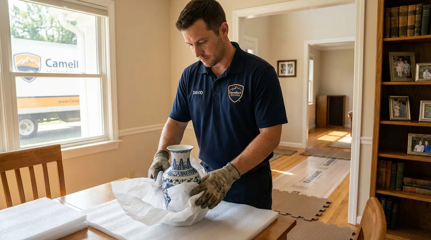 Professional crew carefully wrapping antique vase for senior downsizing move in Broadview Heights, OH
